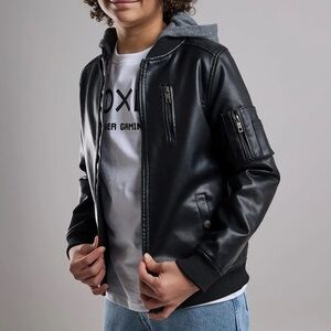 Zara Black Leather Bomber Jacket with Gray Hood